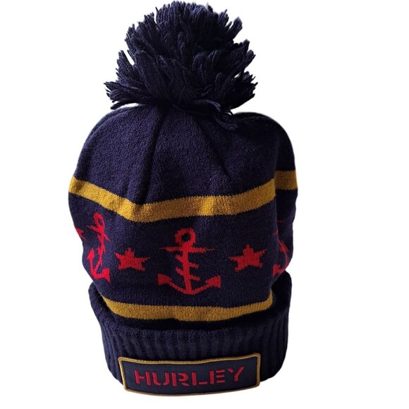 Hurley Navy Blue Knit Pom Beanie Anchor Star Design Acrylic Material Adult OSFM - Picture 1 of 5